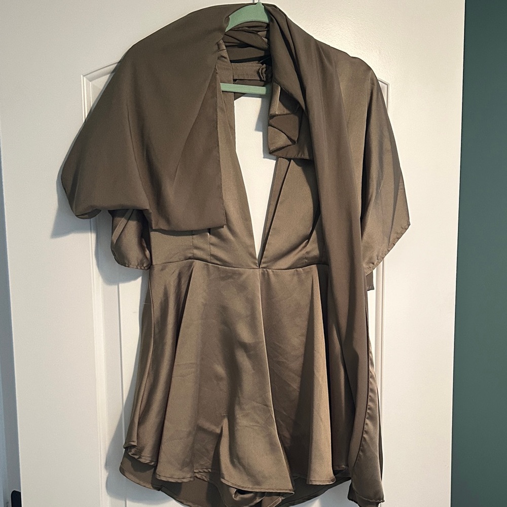 Olive Green Satin V-Neck Women’s Top with Scarf